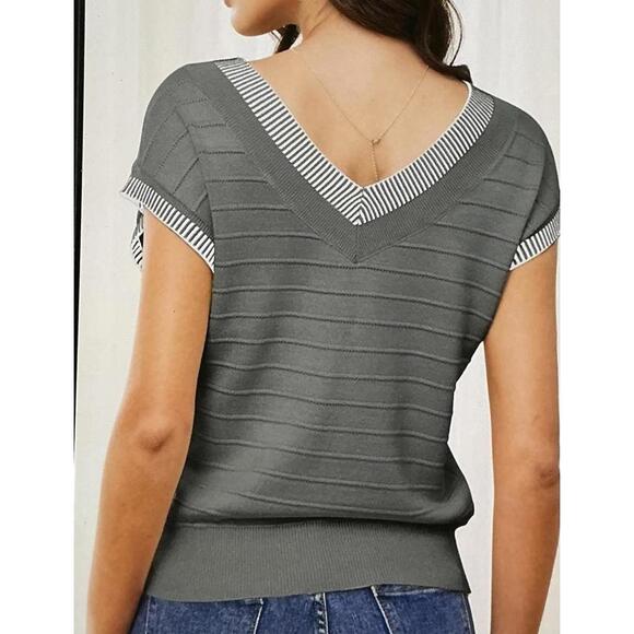 Women's Gray V-Neck Knit Top with Striped Trim - Picture 2 of 4